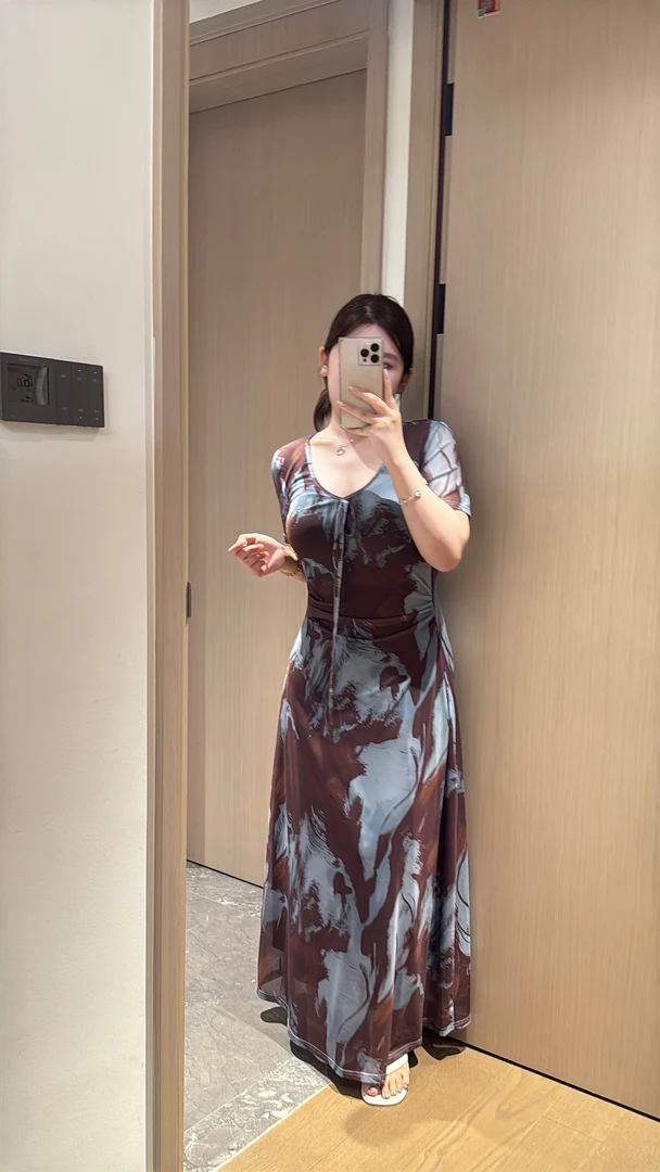 【一茹】微胖mm套头少女风系带夏季设计款水墨风连衣裙国风修身