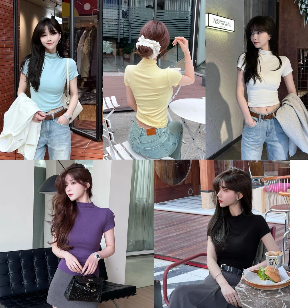 《纯色氛围》气质立领显瘦短袖T恤（衣长53）