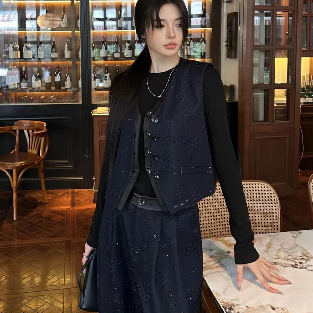 南油高品质女装秋季新款高级感穿搭马甲阔腿裤烫钻套装女