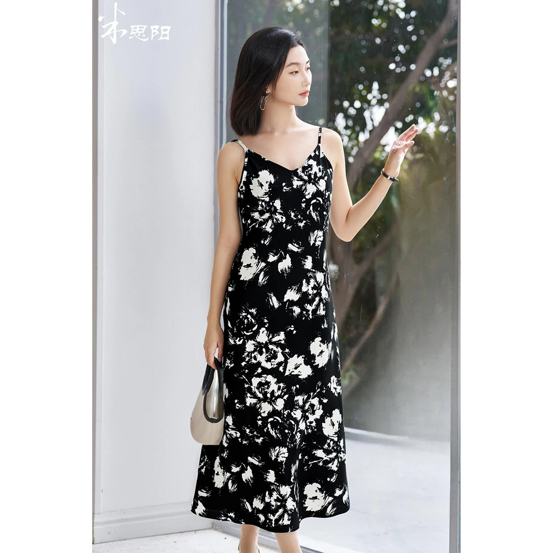 【雅然老师专享】新款优雅气质印花v领女神范吊带裙5M25BL1827