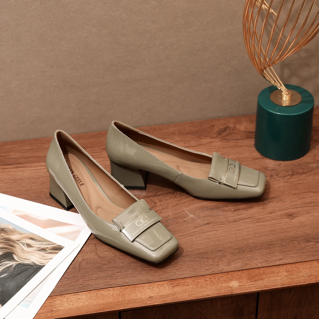 KEY【4cm】2024春季新款方头时尚气质百搭舒适粗跟真皮鞋D253绿