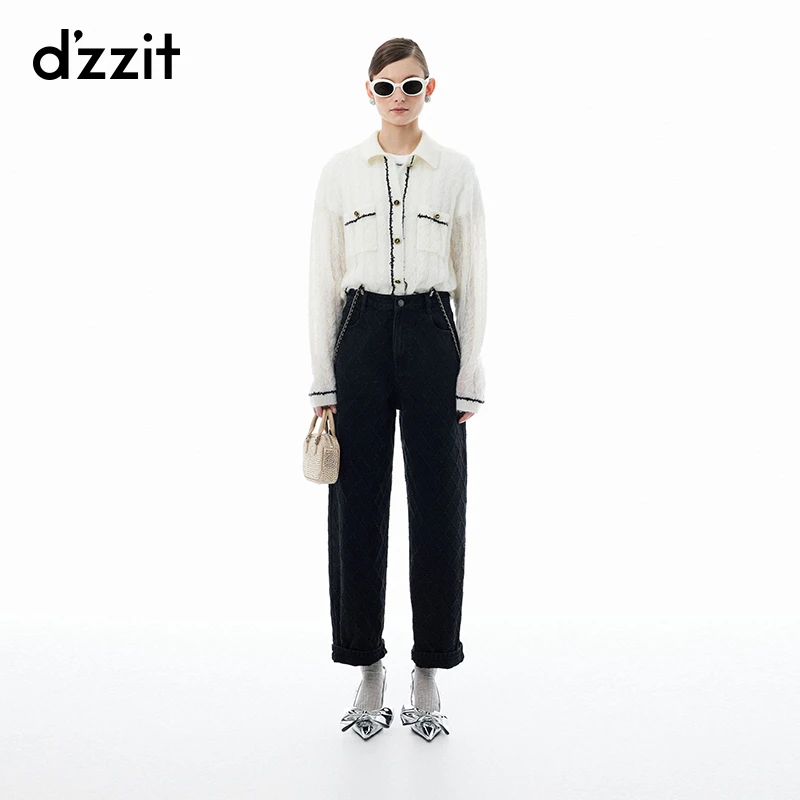 376【专属】dzzit地素牛仔裤春秋菱形花纹可拆卸背带黑色棉质