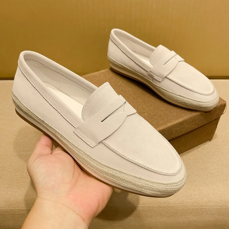 SCAVIOLA男款麻绳编织懒人鞋真皮反绒面灰白色渔夫鞋内增高皮鞋潮