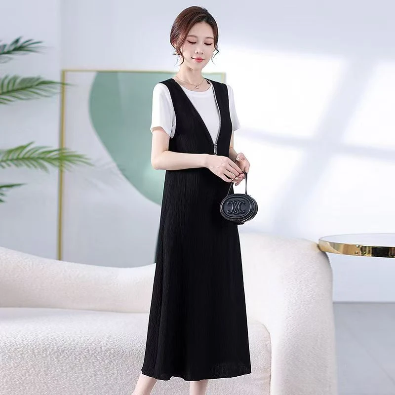 1长裙短袖高腰V领休闲拉链连衣裙两件套宽松