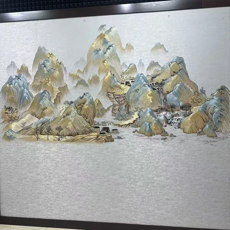 言绣独秀山水墙布独绣千里江山刺绣壁布中式客厅电视沙发背景新款