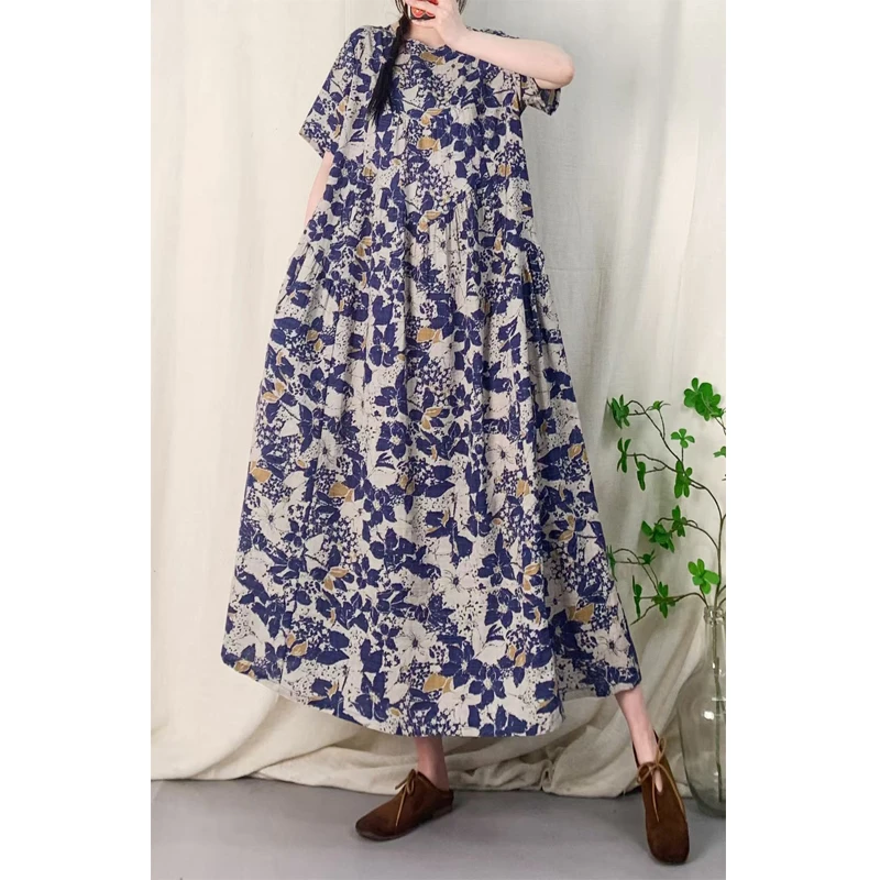 [TY5色]竹节棉麻宽松花色时尚夏季短袖薄款凉快连衣裙妈妈款过膝