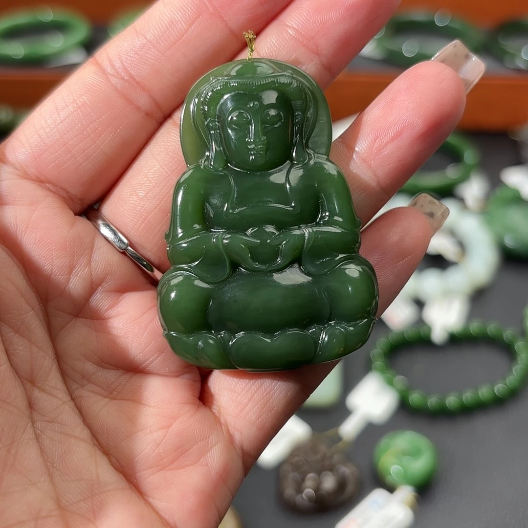 和田玉未镶嵌吊坠(不含链)观音阳绿