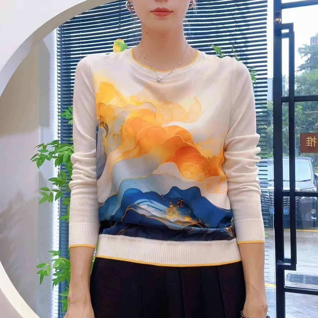 AW 25186  2025秋【流光晚霞】桑蚕丝印 花拼接绢丝羊毛上衣
