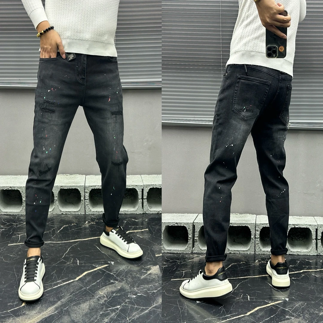 欧货黑灰色漆点泼墨小脚牛仔裤男士弹力破洞补丁美式微锥潮秋冬季