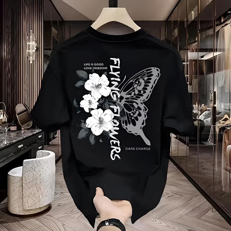 美式短袖男款夏季复古衣服蝴蝶痞帅宽松潮流时尚重磅高街潮男T恤