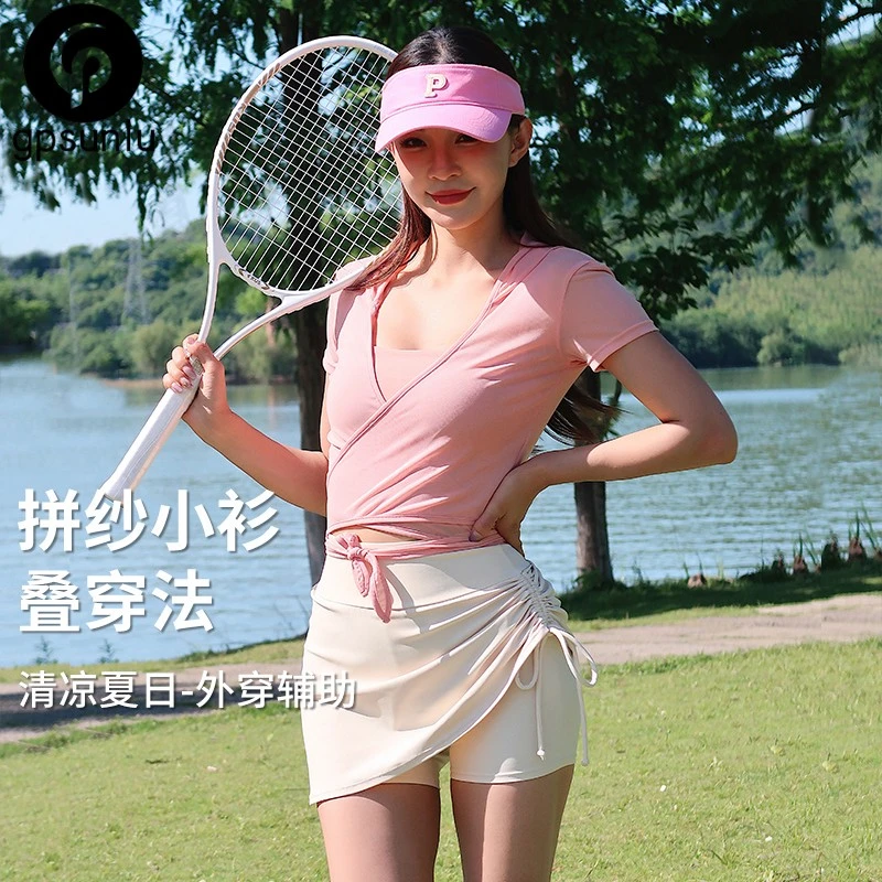 GPSUNLU交叉V领绑带运动上衣女拼纱瑜伽健身跑步透气罩衫外套