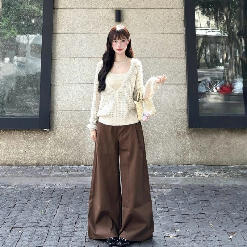 180高个子175加长美拉德风咖色阔腿裤女设计感宽松显瘦垂感休闲裤