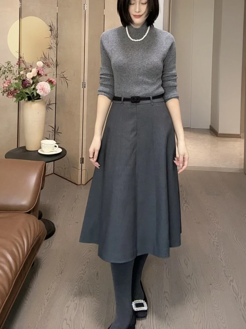 【简约灰调】秋冬高腰A字裙女过膝长裙显瘦百搭鱼尾裙优雅时尚