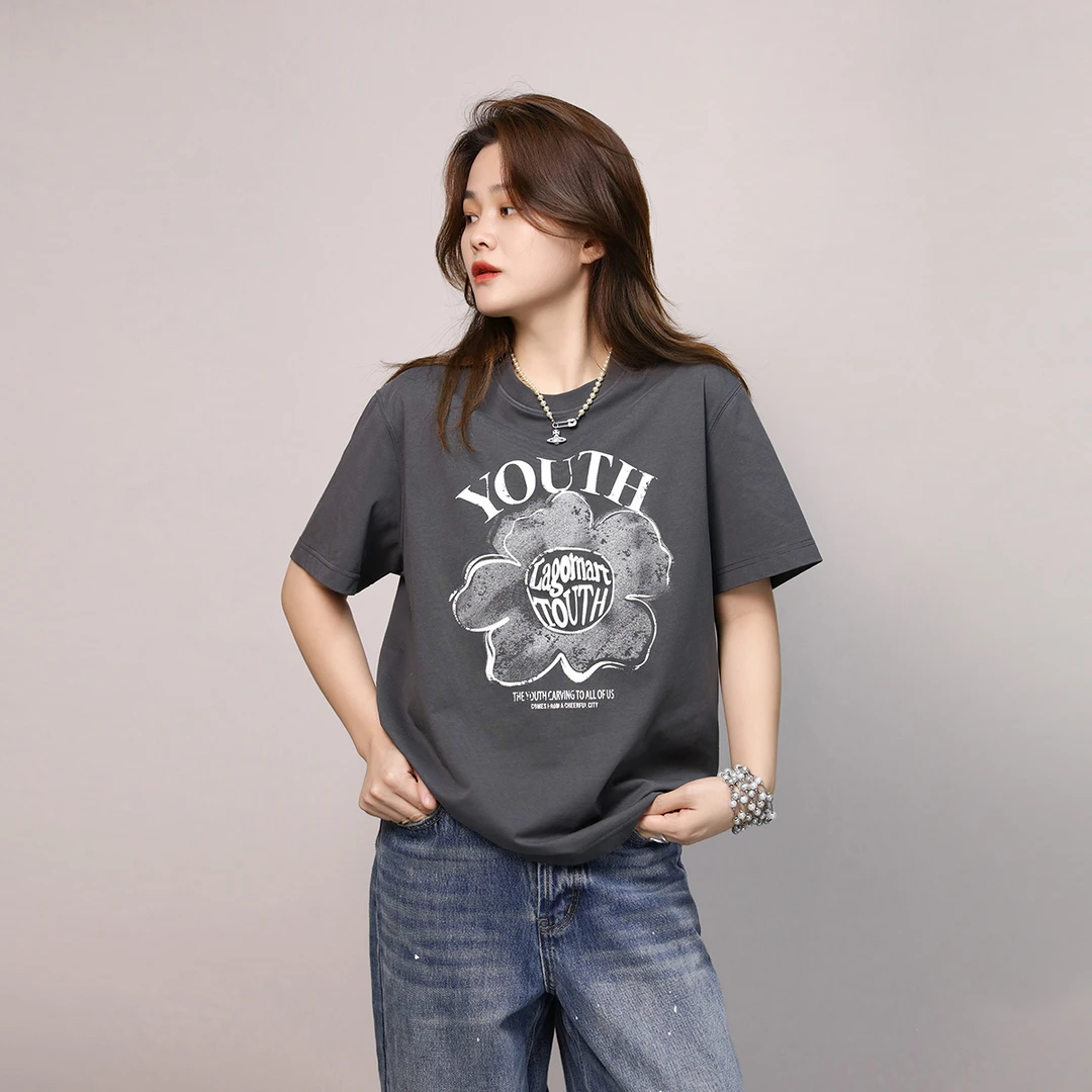 女生小众简约半袖chic港味复古花朵 夏季小个子百搭显瘦短袖t恤