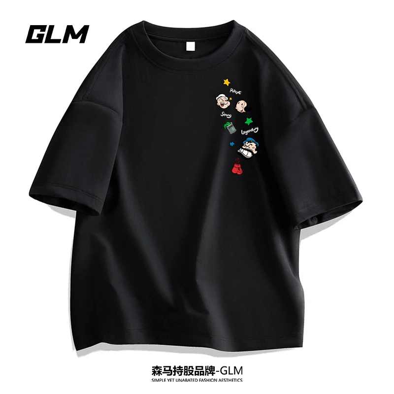 大力水手联名GLM夏季男士印花短袖T恤衫情侣黑色半袖体恤圆领上衣