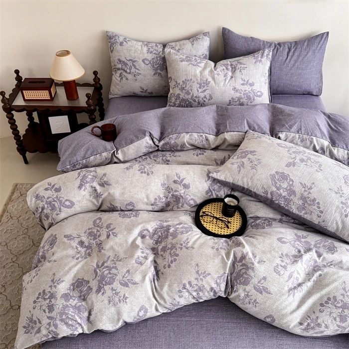 A类复古风加厚高克重原麻复古水洗亚麻棉麻皱皱纱印花四件套