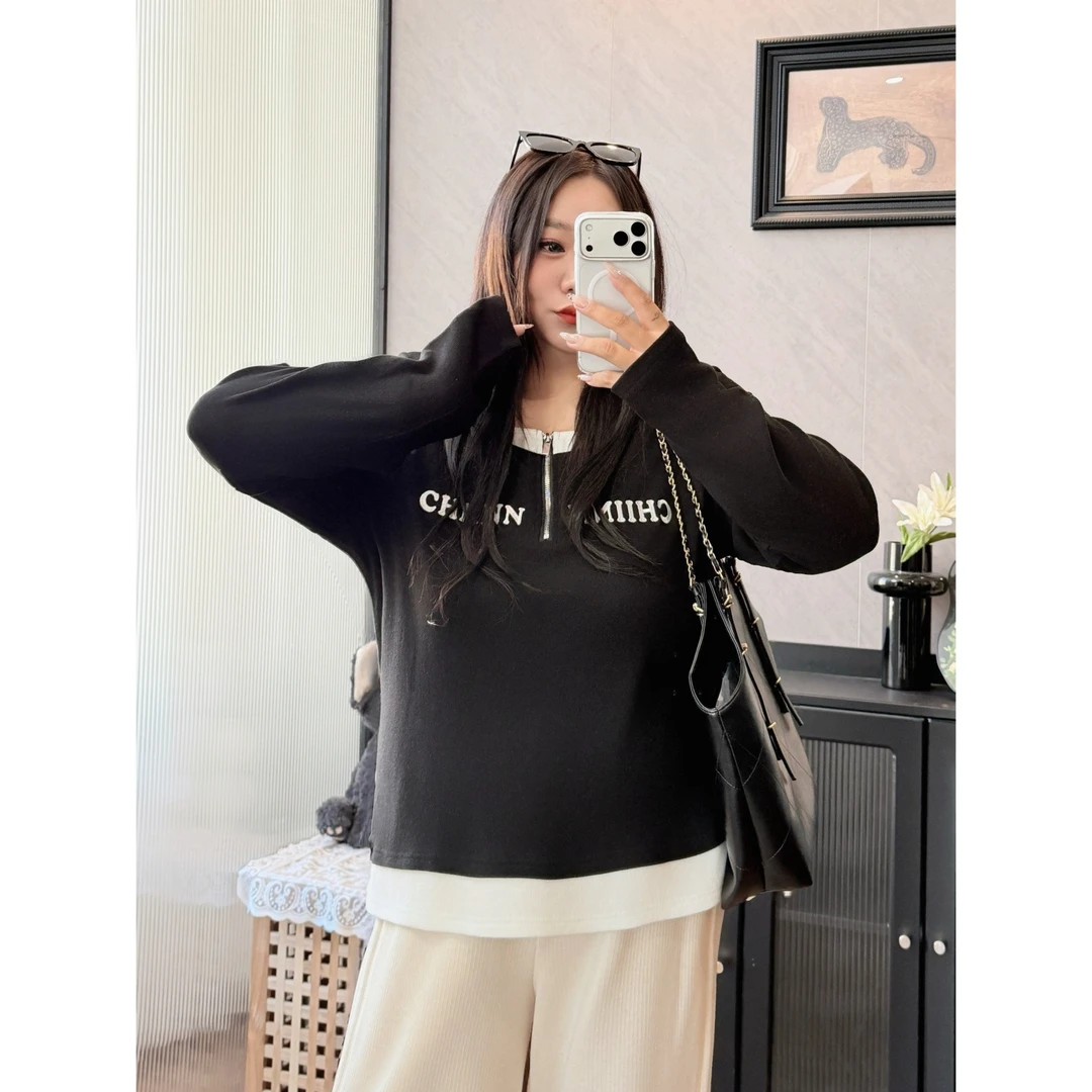 花契“旺角恋曲”大码女装冬季宽松200斤胖mm字母刺绣针织衫15951-H