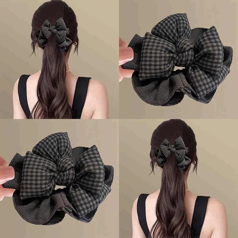 韩系黑灰格纹蝴蝶结发圈高端新款质感布艺肠圈盘发器2025新款头饰