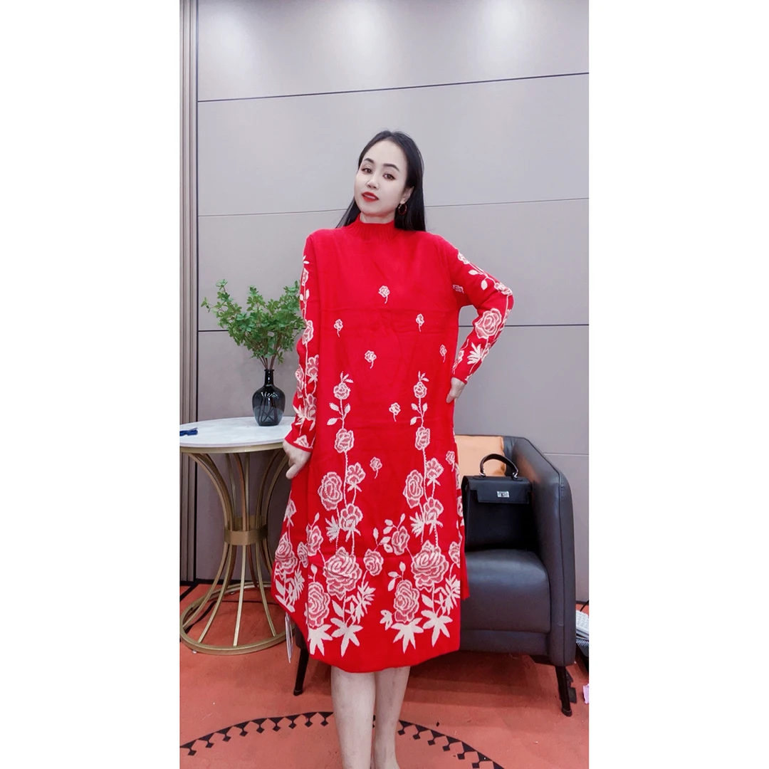 3631 秋冬加厚长袖连衣裙中长款针织毛衣长裙打底外穿毛衣