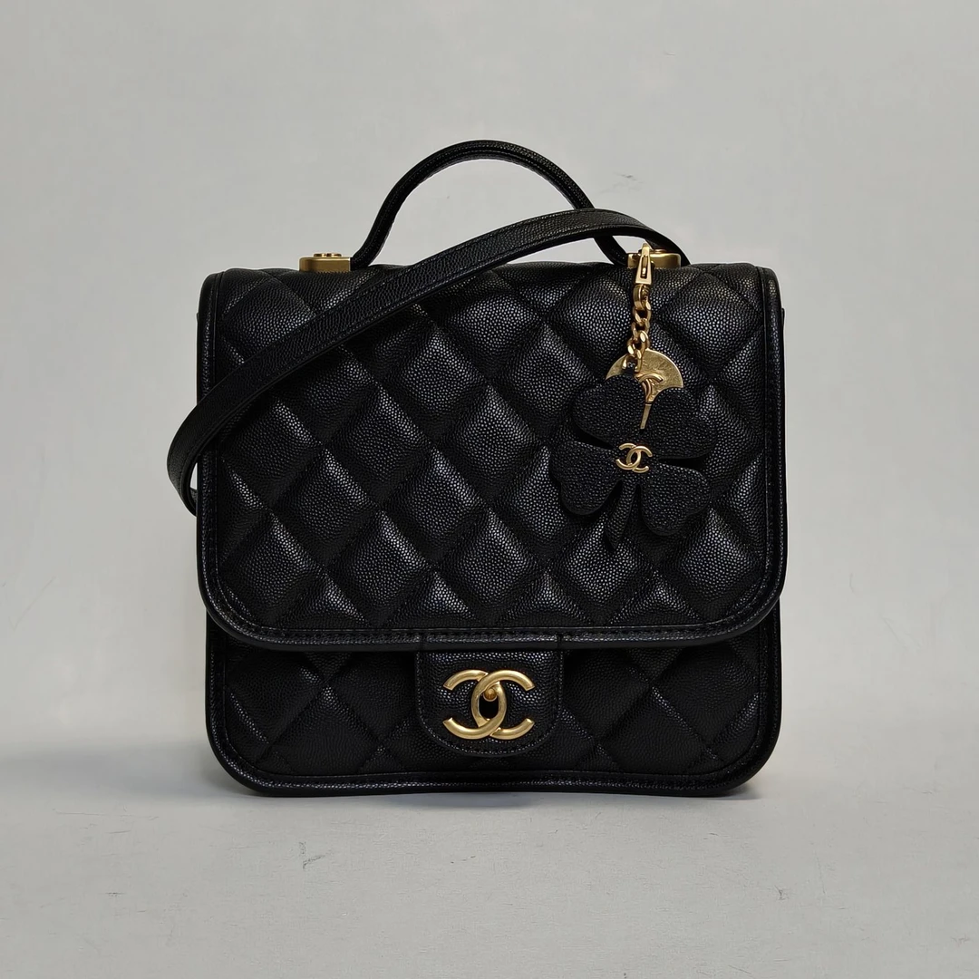 99新 Chanel/香奈儿 小花Jerry 黑色 25B 金币四叶草 双肩包
