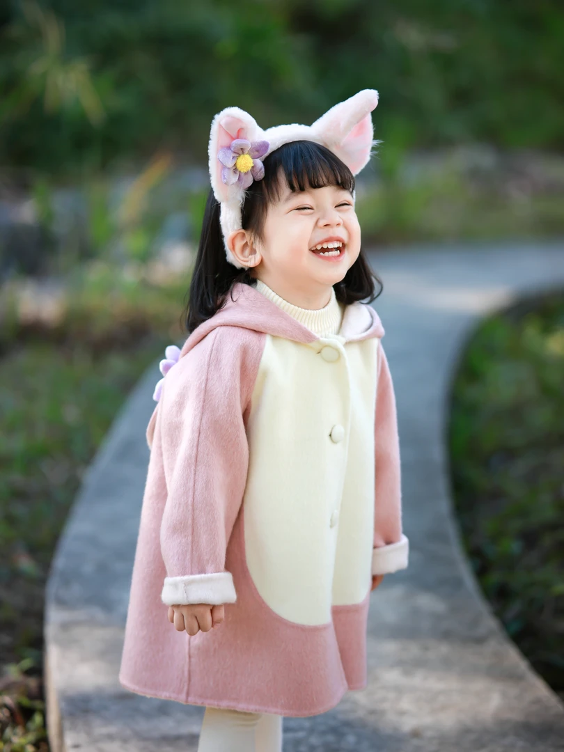AnyinGirl【贝儿】中小女童高端手缝羊毛大衣女宝宝卡通可爱外套