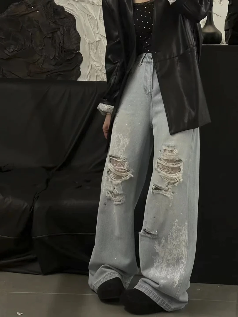 QL30932-烫钻蕾丝破洞阔腿牛仔裤女夏季新款个性时尚气质潮