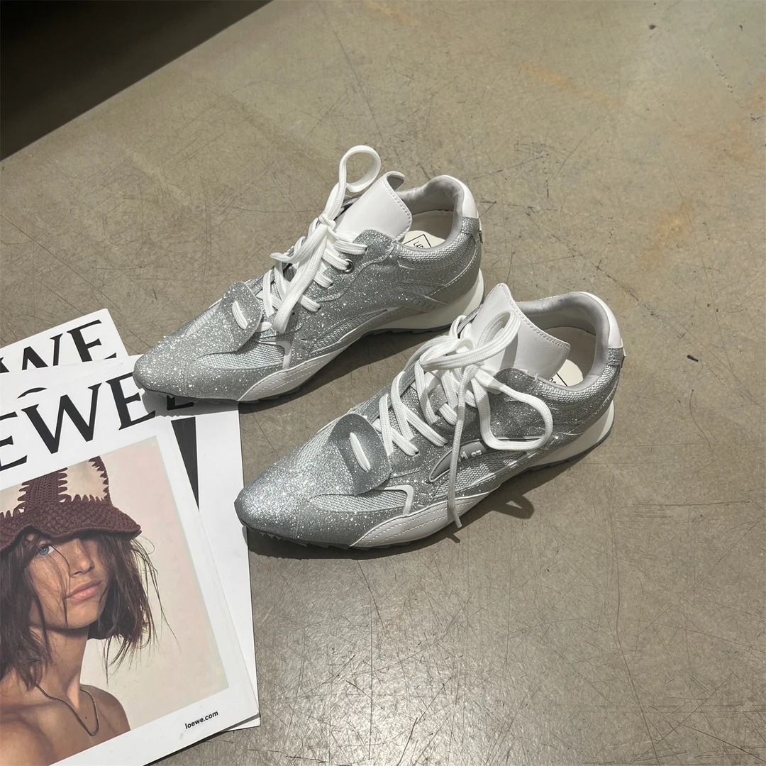 韩版银色尖头德训鞋女内显脚细运动鞋不对称鞋舌拳击鞋休闲鞋