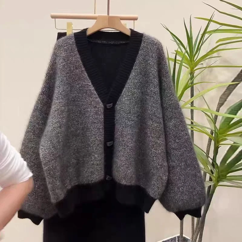 浣熊兔毛秋冬加厚V领开衫休闲保暖韩版长袖女开衫毛衣花纱外套