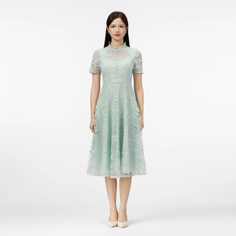 SUSSI/古色【绿纱幽梦】夏季薄荷绿蕾丝刺绣高级感绣花立领连衣裙