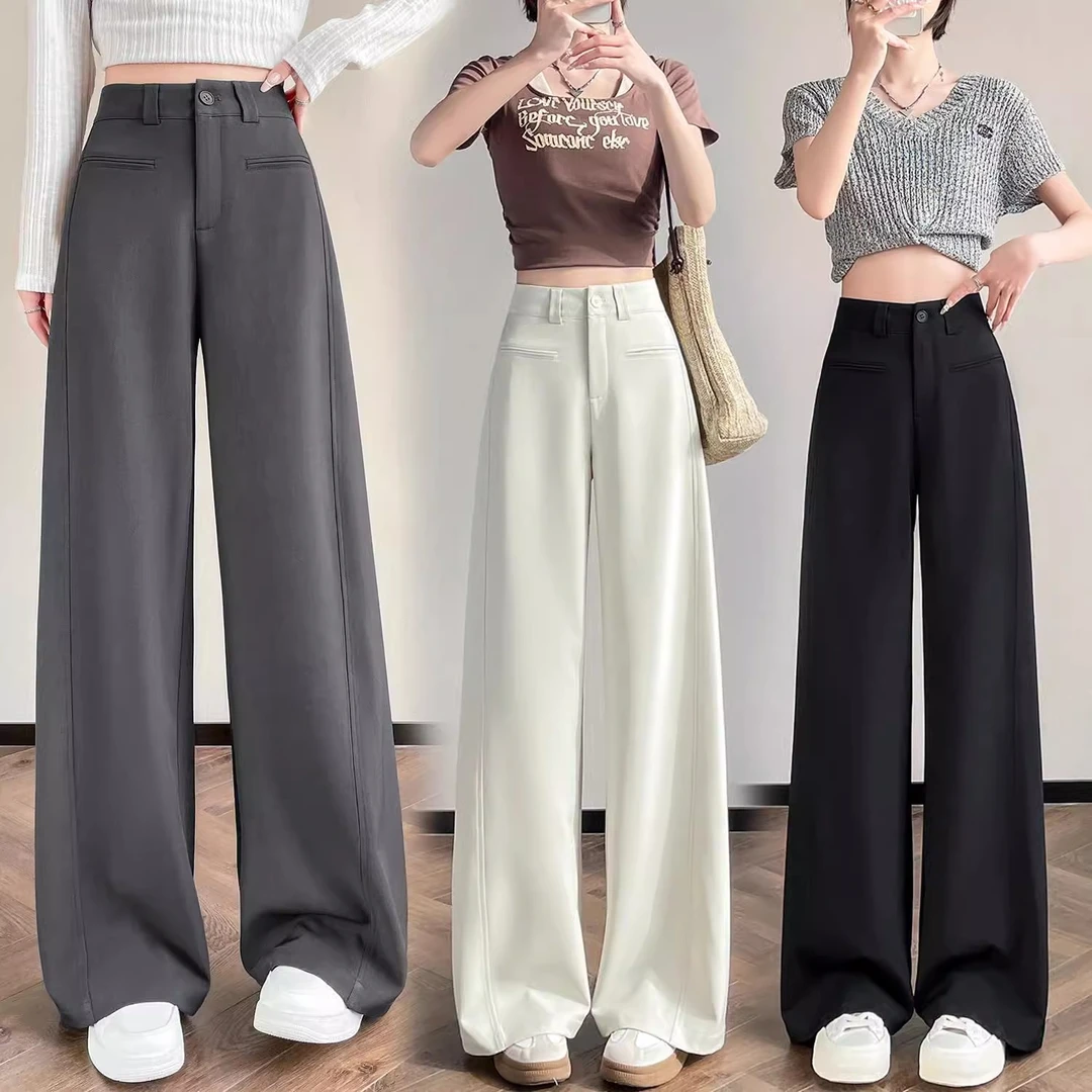 2025春夏新款米白色高腰时尚百搭西装阔腿时尚百搭窄版裤