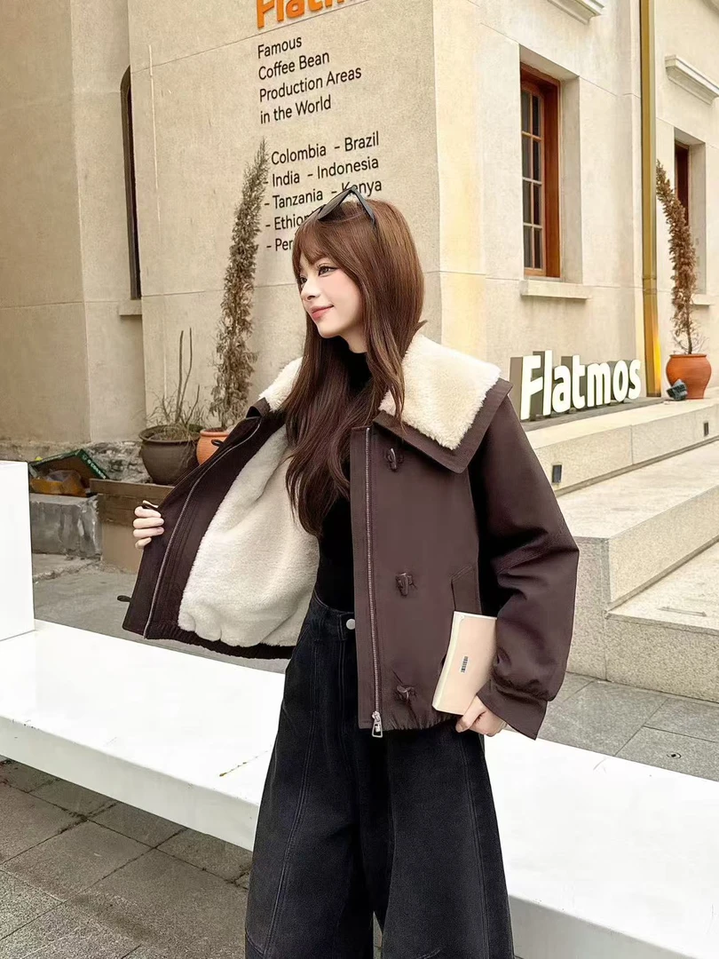 加厚加绒女保暖翻领秋冬短款短外套外套时尚百搭加绒冬季女003