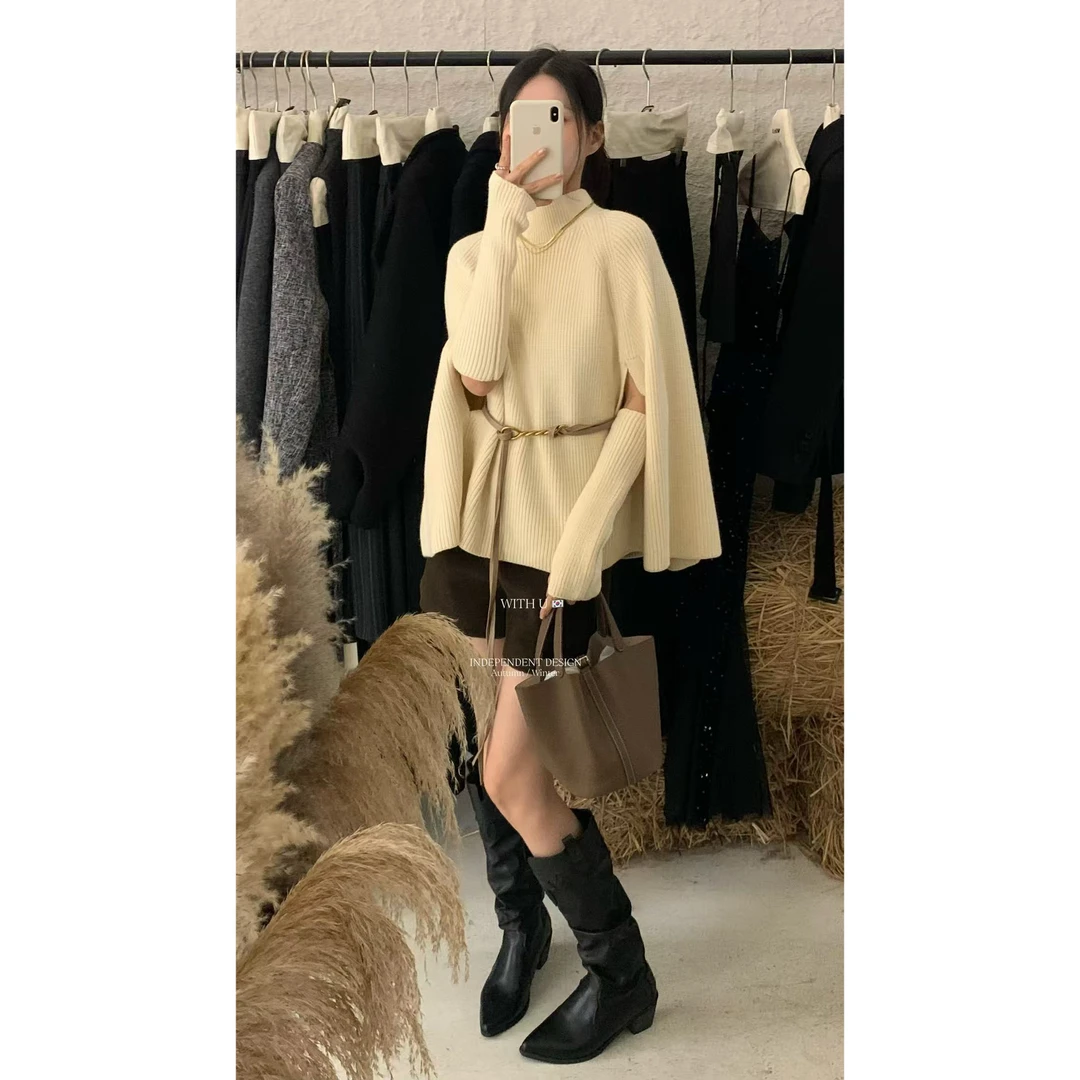 Withu@HW8012 韩系时髦气质斗篷毛衣（袖套+腰带）