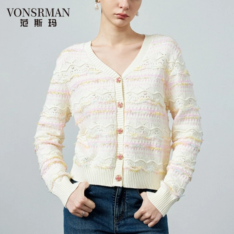 法式针织开衫女欧洲站2025秋季新款水波纹彩色洋气小香风短款外套