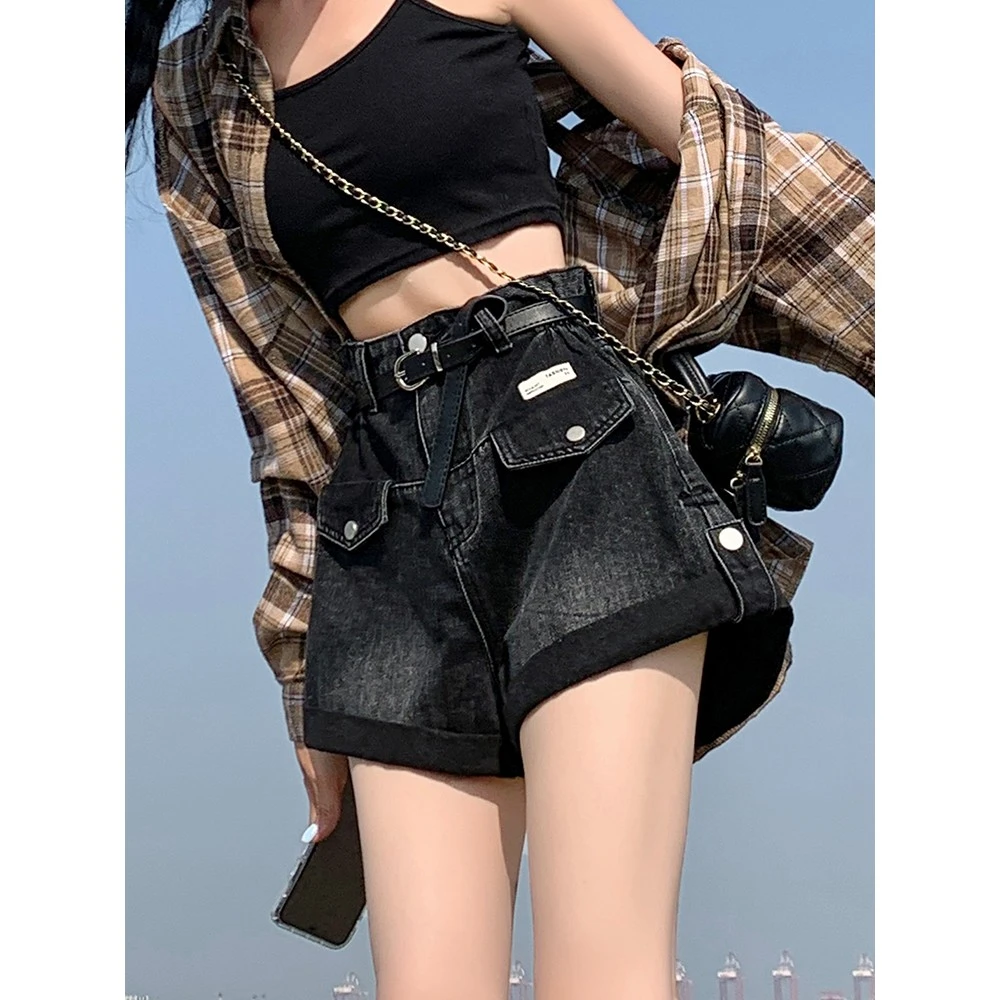 梦冷黑色复古卷边牛仔短裤女夏季新款高腰设计感显瘦A字阔腿热裤