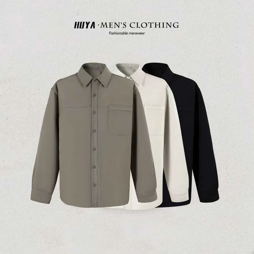 虎牙兄弟秋季工装衬衫外套男高级感长袖纯色百搭翻领上衣 H25013