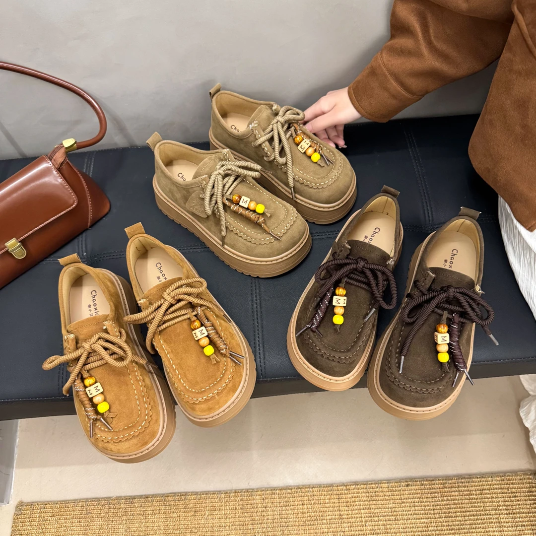 厚底勃肯鞋女2025年秋季新款复古系带串珠百搭松糕底新款勃肯鞋
