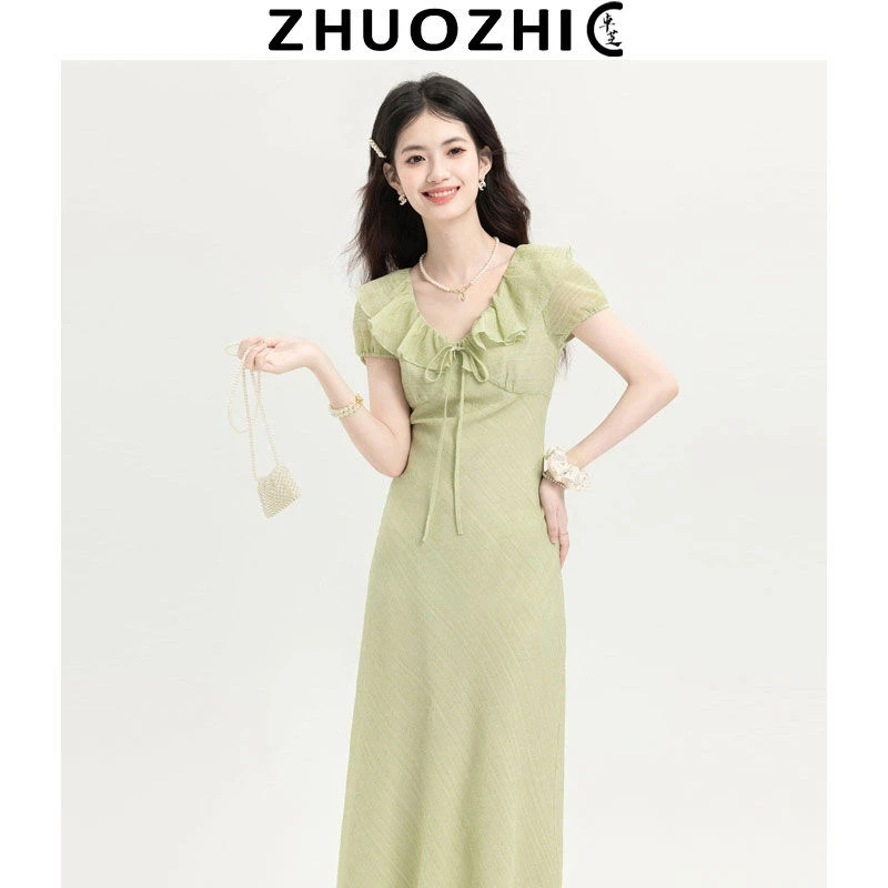 2025春季新款小众设计蝴蝶结系带连衣裙女不规则时尚气质度假裙子