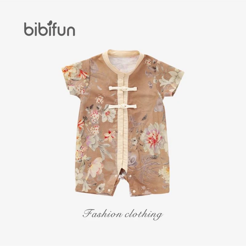 婴悦家旗下品牌BBF夏季复古中国风莫兰迪牡丹印花开胸哈衣96152