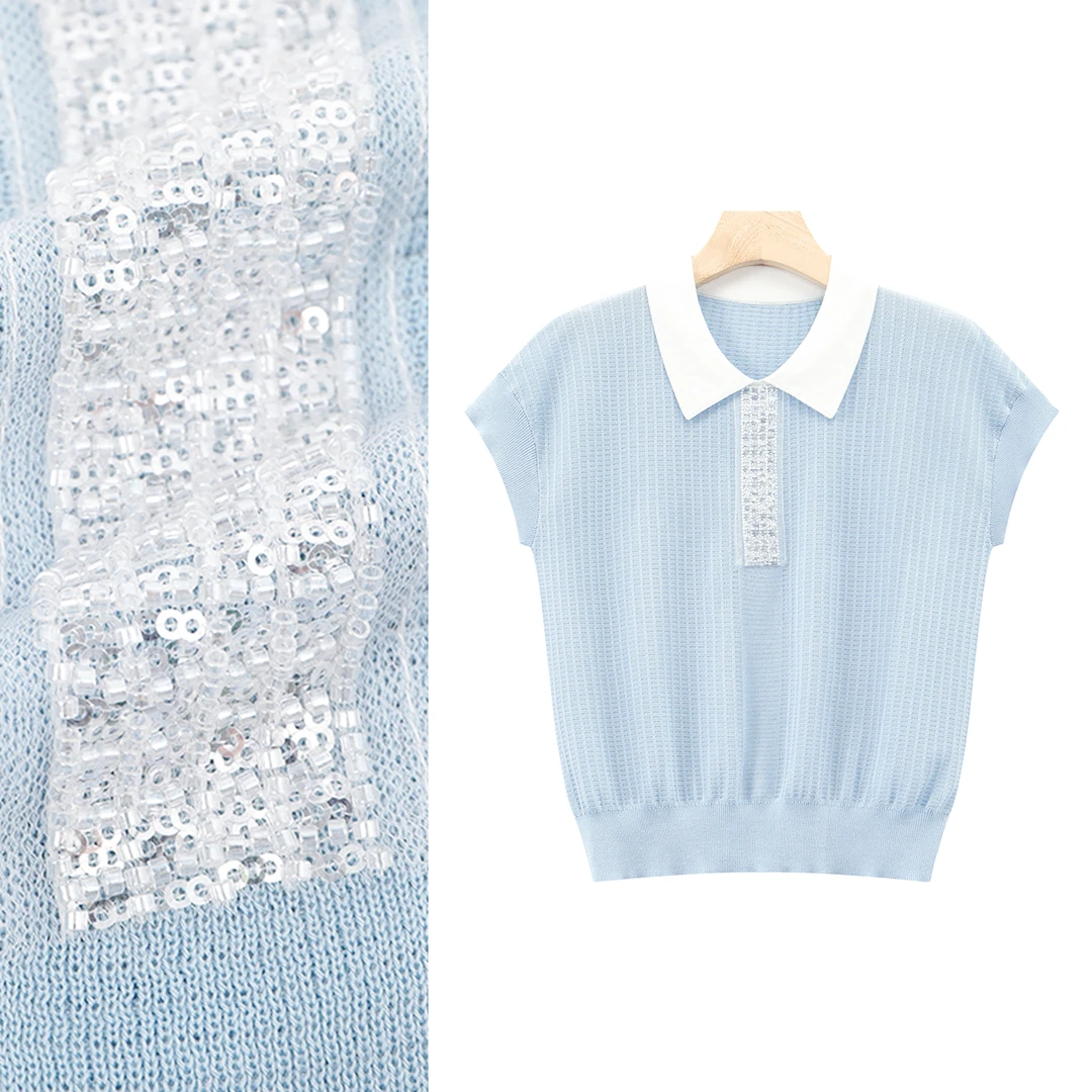 醋酸+莱赛尔 2025夏季新款设计感简约珠片翻领短袖针织衫上衣女