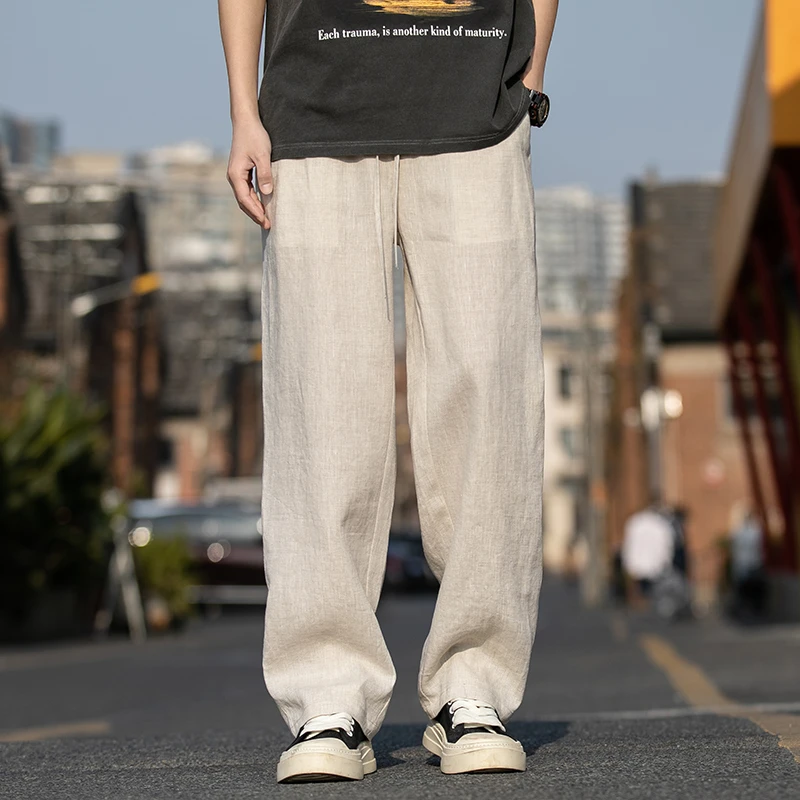 高端纯亚麻裤男夏季薄款棉麻裤子男士麻料休闲裤阔腿宽松直筒长裤