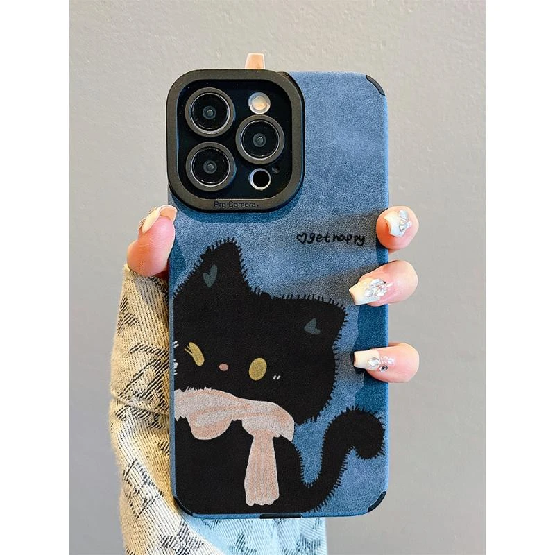 个性卡通爱心黑猫适用苹果16手机壳iPhone15防摔14/13/12翻毛皮11