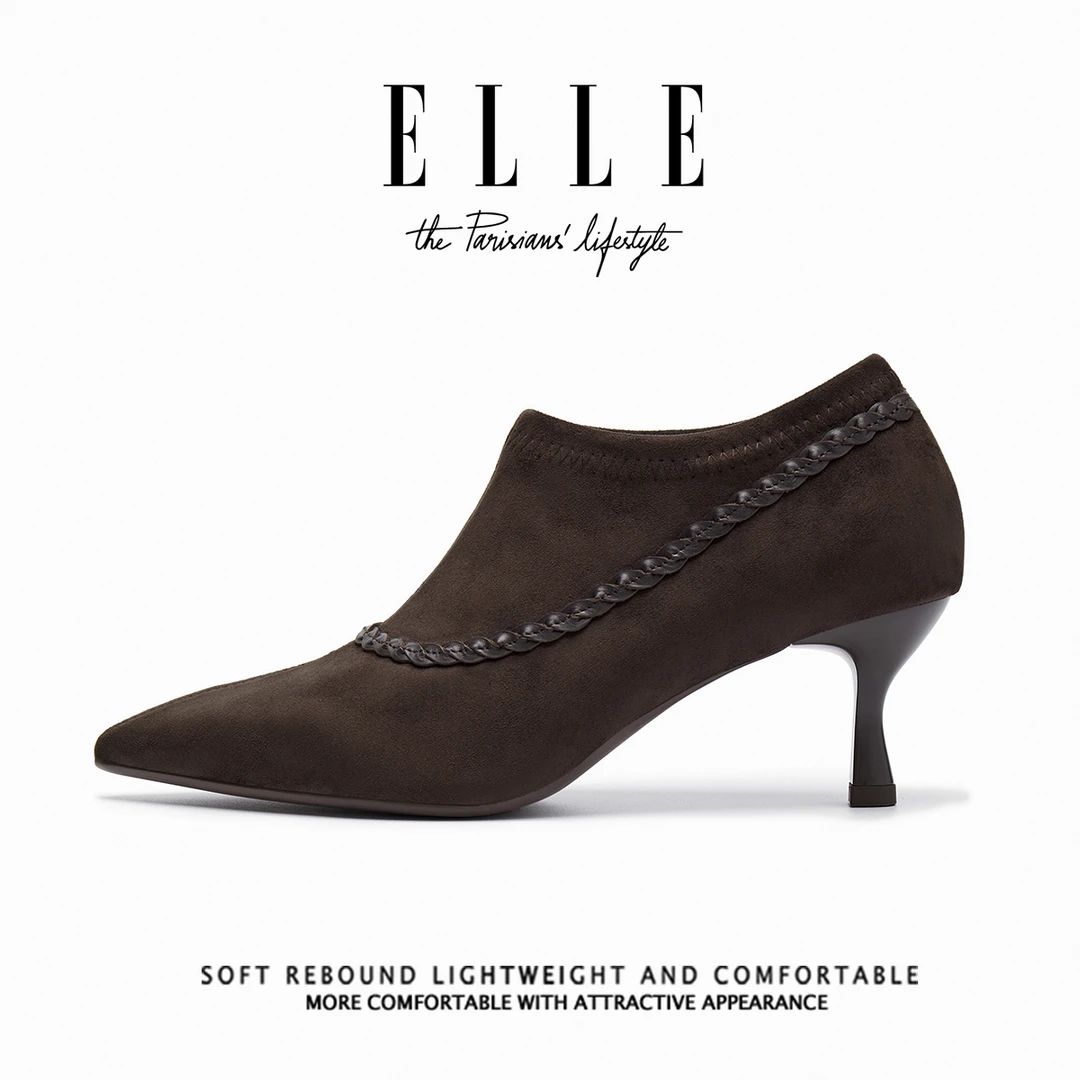ELLE高跟鞋女2025新款法式绒面深口单鞋气质尖头细跟6公分及裸靴