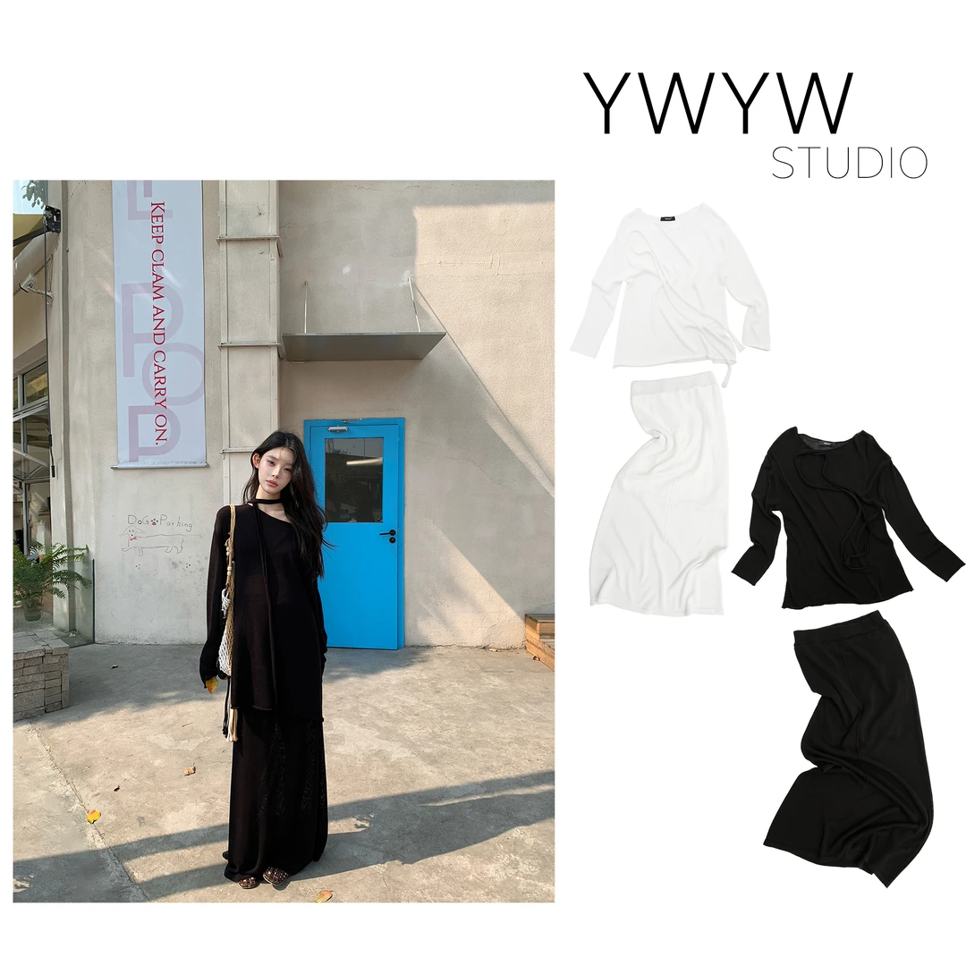 【YWYW25S/S】纯色宽松慵懒扩版针织衫+虾线针织长裙套装3919