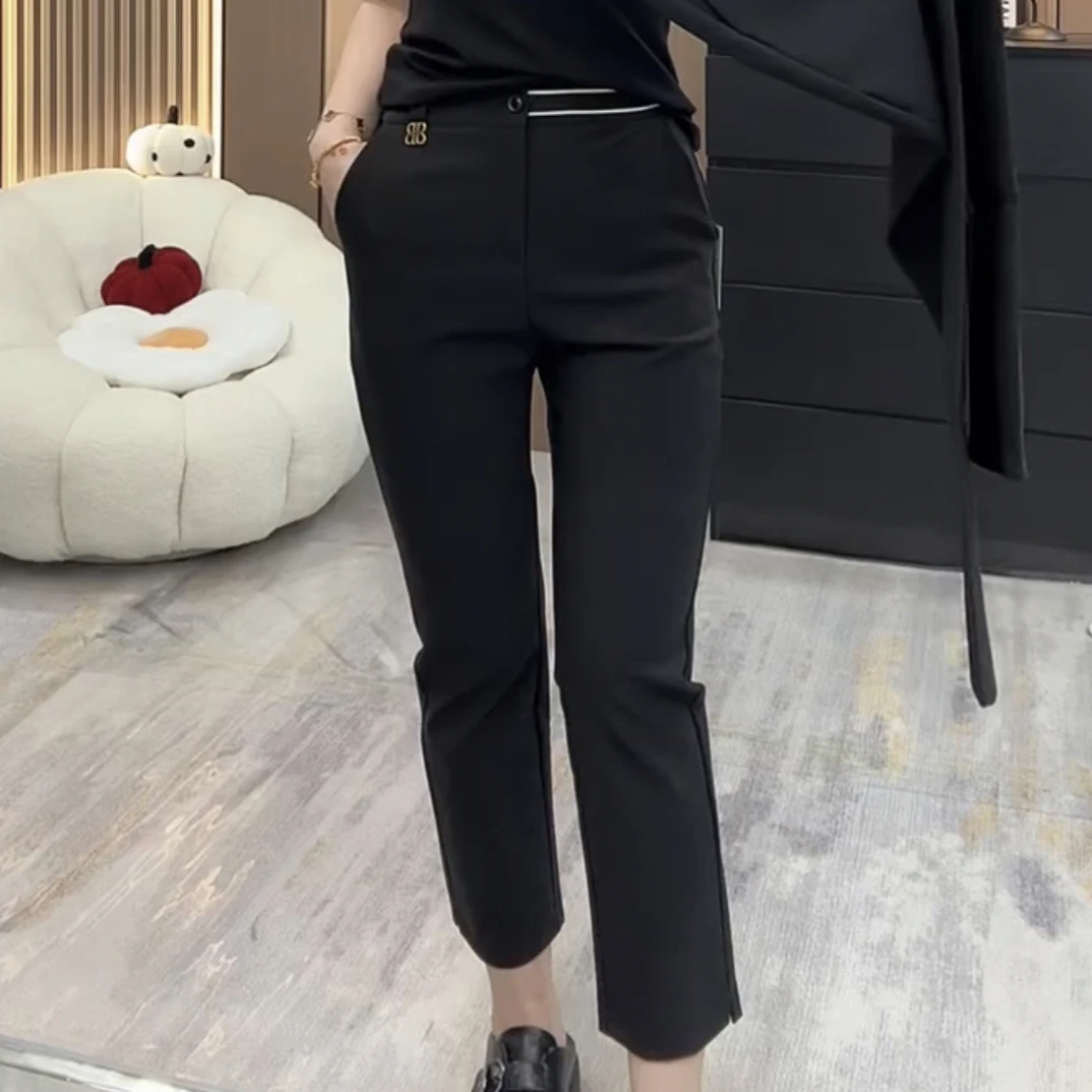 新款高腰弹力休闲九分遮肉直筒女烟管裤春秋季