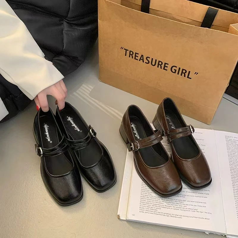 正常尺码 玛丽珍时尚百搭软底方头小单鞋   黑色/棕色  货号6903