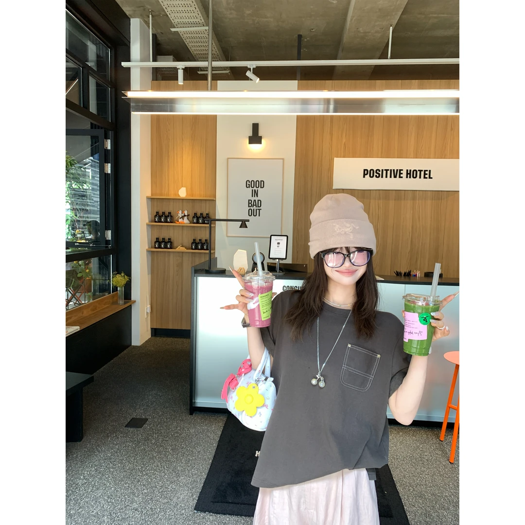 DEEMOSTUDIO帅气十足！休闲工装感撞色口袋大版型纯T恤 WZ3262