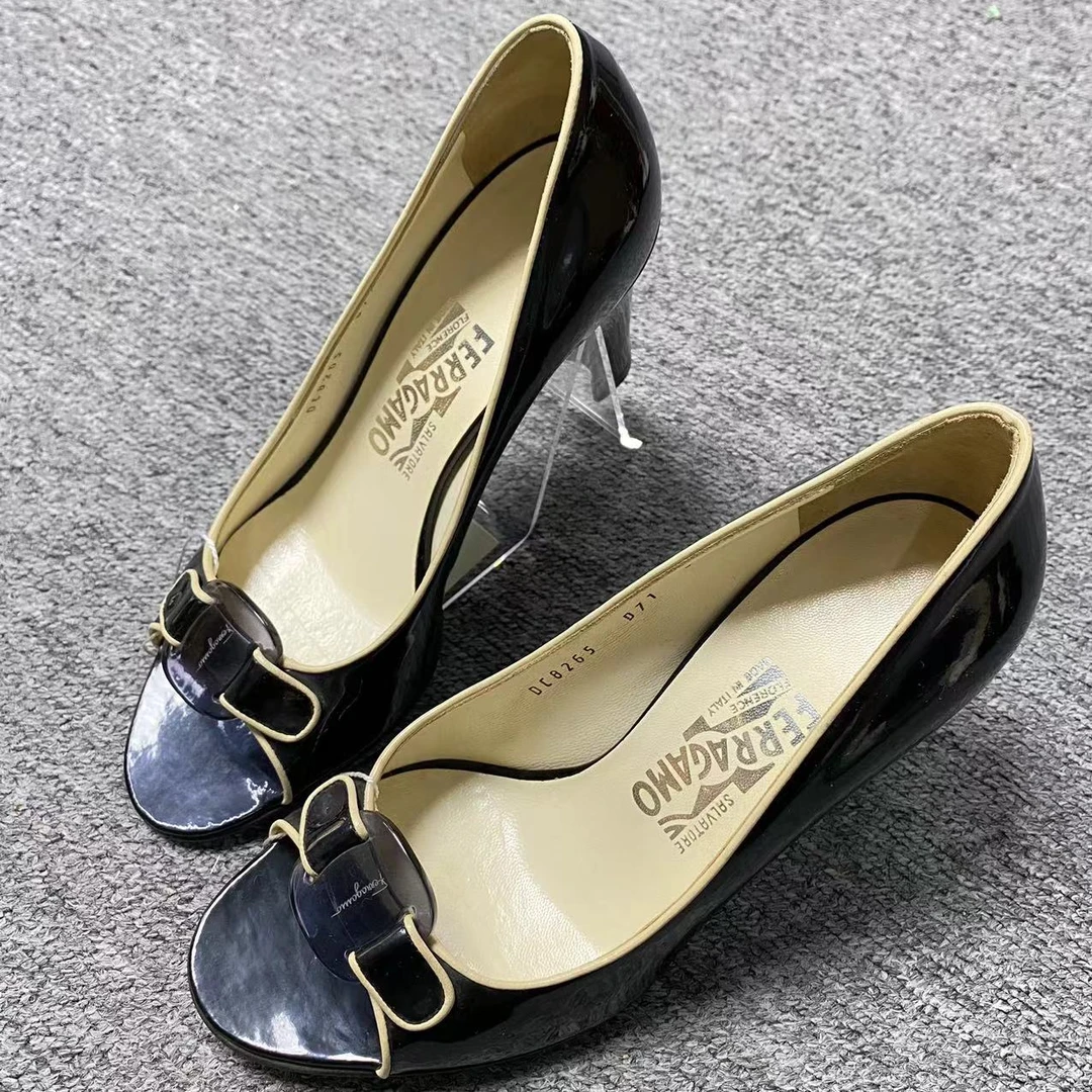 99新 FERRAGAMO/菲拉格慕 36.5码/无配件/黑色蝴蝶结高跟鞋 1407