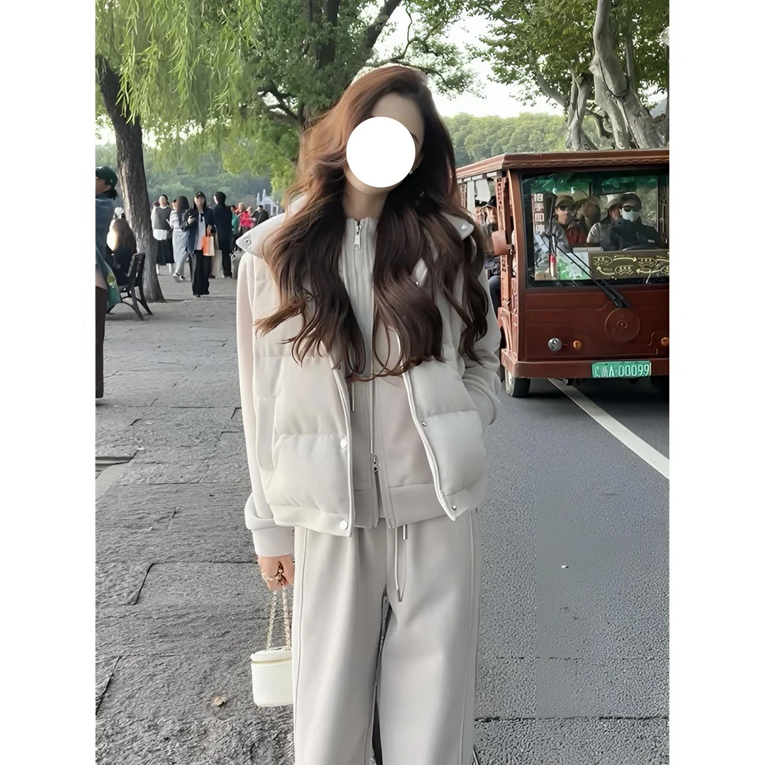 通勤风棉马甲卫衣阔腿裤三件套女冬季新款加绒加厚套装AM25502