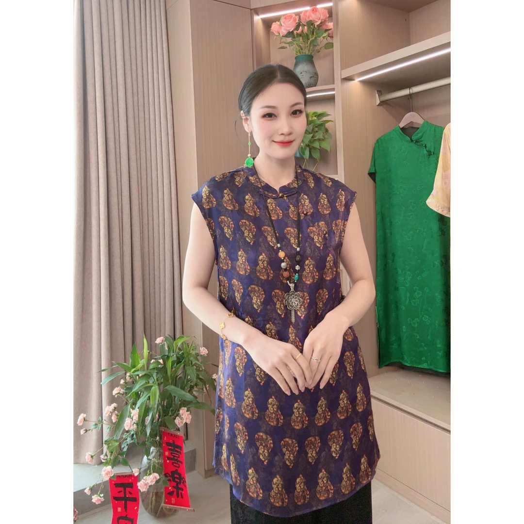 【紫芦】夏季2025新款上衣小衫新中式女装国风立领提花人丝无袖衬衫