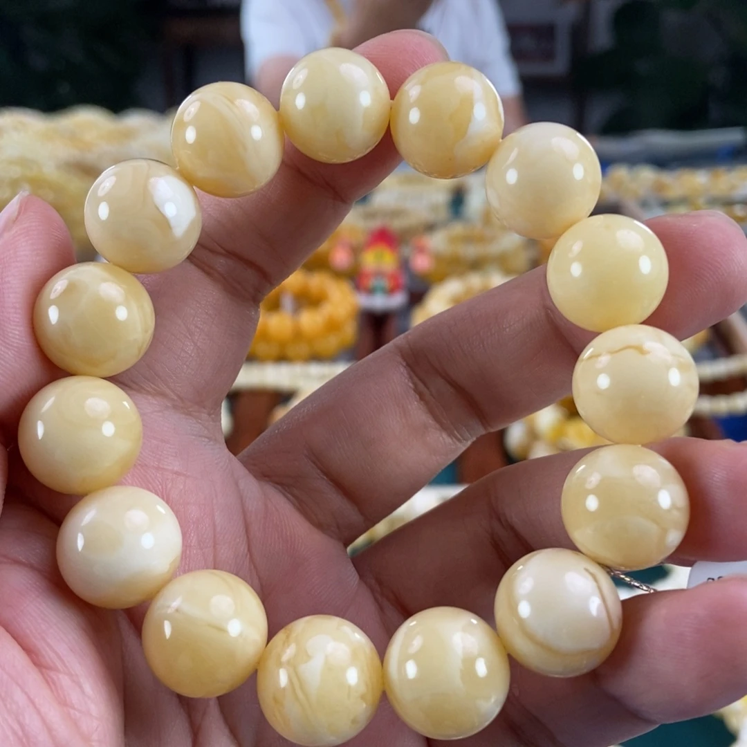 琥珀未镶嵌珠宝奇石15浓白花蜡手串29.2